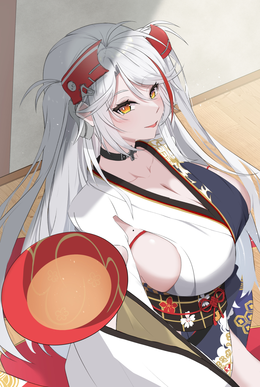 1girl absurdres antenna_hair azur_lane breasts choker cleavage cross cross_choker cup from_side headgear highres huge_breasts indoors iron_cross j_yak47 japanese_clothes kimono looking_at_viewer looking_to_the_side mole mole_on_breast multicolored_clothes multicolored_hair multicolored_kimono official_alternate_costume orange_eyes prinz_eugen_(azur_lane) prinz_eugen_(profusion_of_flowers)_(azur_lane) red_hair sakazuki sideboob sideless_kimono solo white_hair