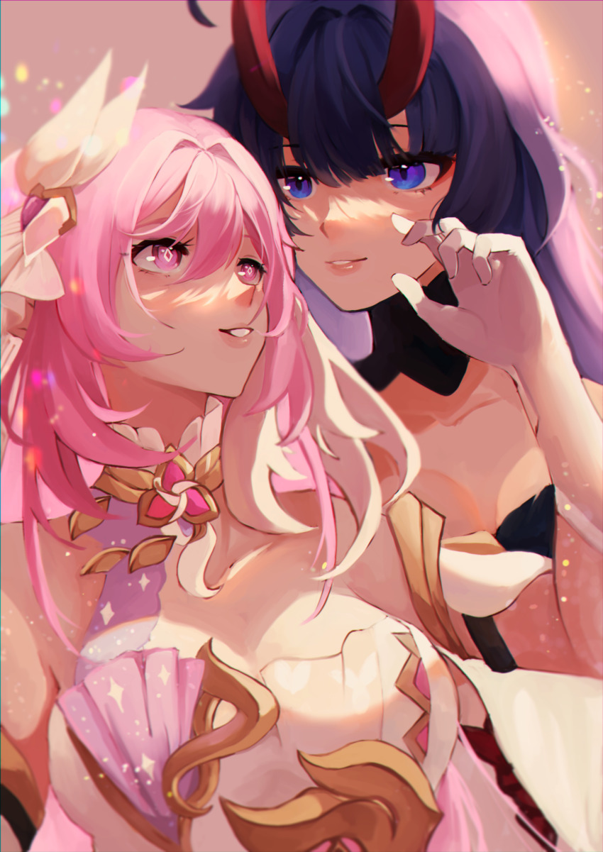 2girls blue_eyes commentary diamond-shaped_pupils diamond_(shape) dress elysia_(herrscher_of_human:_ego)_(honkai_impact) elysia_(honkai_impact) english_commentary hair_between_eyes hair_ornament hand_on_another&#039;s_face highres honkai_(series) honkai_impact_3rd horns looking_at_another looking_back mofumanju multiple_girls pink_eyes pink_hair purple_hair raiden_mei raiden_mei_(herrscher_of_thunder) red_horns smile symbol-shaped_pupils white_dress yuri