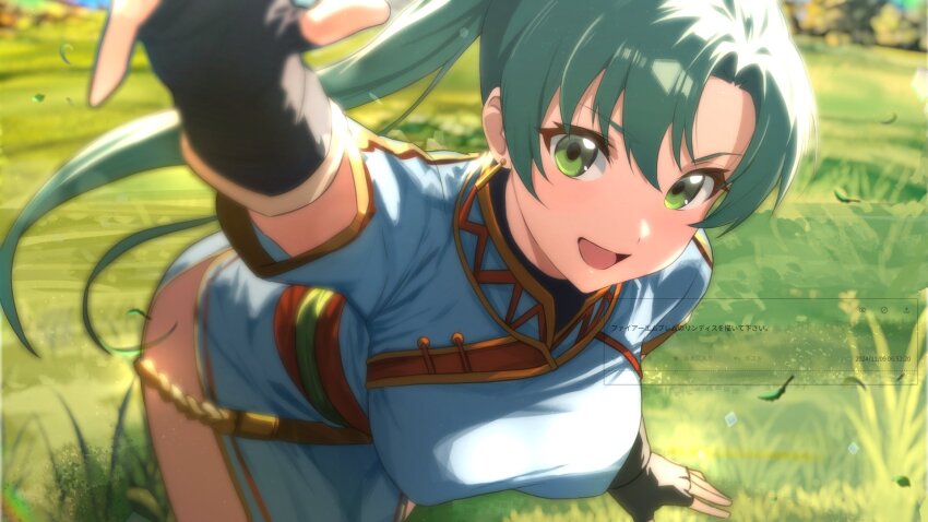 1girl ahonoko bent_over blue_dress blurry blurry_background blurry_foreground breasts commentary_request covered_erect_nipples day dress earrings fingerless_gloves fire_emblem fire_emblem:_the_blazing_blade gloves grass green_eyes green_hair high_ponytail highres jewelry large_breasts long_hair looking_at_viewer lyn_(fire_emblem) mandarin_collar nintendo open_mouth outdoors outstretched_arm parted_bangs pelvic_curtain ponytail reaching reaching_towards_viewer rope_belt side_slit solo tree