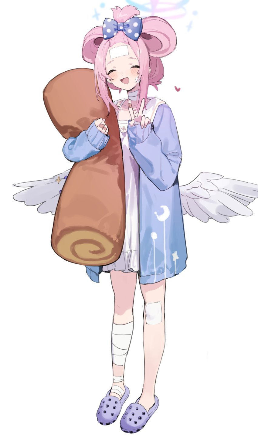 1girl absurdres bandaged_fingers bandaged_leg bandaged_neck bandages bandaid blue_archive borrowed_hairstyle cinnamiku_hairstyle cinnamoroll closed_eyes crocs folded_twintails fuwa_fuwa_cinnamoroll hair_ribbon halo heart highres hugging_object mika_(blue_archive) pink_hair ribbon sandals sanrio sh_(shinh) simple_background solo stuffed_toy v white_background wings