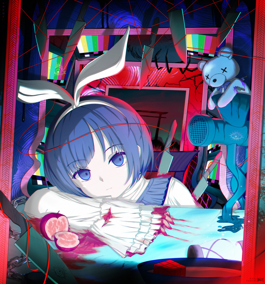 1girl absurdres apple blank_stare blood blue_eyes blue_hair bow bowl chain dress empty_eyes endykamome food frills fruit hair_bow hair_dryer highres horror_(theme) indie_utaite knife pale_skin picture_frame rubik&#039;s_cube short_hair solo stained_clothes string string_of_fate stuffed_animal stuffed_toy table teddy_bear television unnamed_girl_(x0o0x) upper_body utaite white_bow white_dress x0o0x_(utaite)