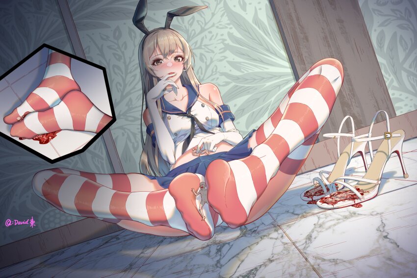 1girl 2boys artist_name blood close-up daviddong death feet foot_focus foreshortening gloves guro high_heels indoors kantai_collection knees_apart_feet_together legs_apart marble_(stone) midriff mini_person miniboy multiple_boys navel panels sandals school_uniform serafuku shimakaze_(kancolle) shoes sitting skirt striped_clothes unworn_shoes