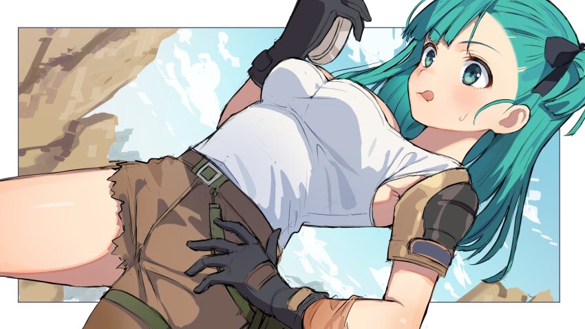 1girl :q black_gloves blue_eyes blue_hair blue_sky breasts brown_pants bulma cleavage cloud commentary_request day dragon_ball dragon_ball_(classic) dragon_radar gloves hifumi_chiyoko highres long_hair medium_breasts outdoors pants shirt sky solo tongue tongue_out white_shirt