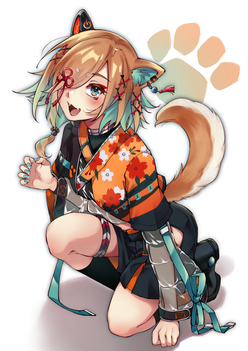 1girl animal_ear_fluff animal_ears aqua_nails aqua_ribbon black_footwear black_skirt black_socks blush brown_hair dog_ears dog_girl dog_tail hair_ornament hair_over_one_eye hairclip hand_up highres long_hair long_sleeves mibry_(phrysm) miyoshino_shiki nail_polish one_eye_covered open_mouth prism_project ribbon see-through_clothes see-through_sleeves shadow shoes skirt smile socks solo tail virtual_youtuber