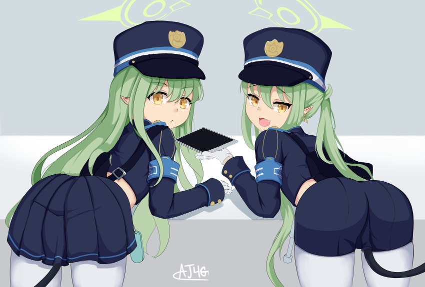 2girls :d absurdres aj_gtv ass bent_over blue_archive blue_jacket blue_shorts blue_skirt blush demon_girl demon_tail expressionless fang from_behind gloves green_hair green_halo hair_between_eyes halo hands_up hat heart highres hikari_(blue_archive) holding holding_tablet_pc jacket long_hair long_sleeves looking_at_viewer looking_back midriff miniskirt multiple_girls nozomi_(blue_archive) open_mouth pantyhose pleated_skirt short_shorts shorts siblings sisters skirt smile tablet_pc tail tail_under_clothes thighs twins twintails very_long_hair white_gloves white_pantyhose yellow_eyes