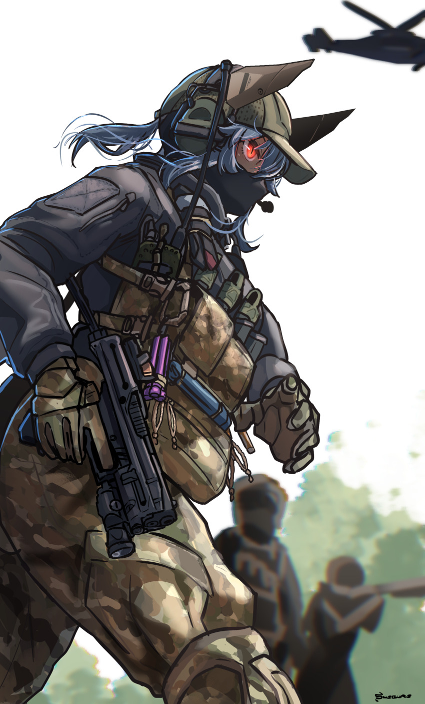 1girl 2others absurdres baseball_cap blue_hair camouflage camouflage_pants commentary_request glock gun handgun hat headset highres holding holding_gun holding_weapon load_bearing_vest m004_(natsukaze_shigure) mask military_uniform mouth_mask multiple_others natsukaze_shigure original outdoors pants ponytail red_eyes slit_pupils weapon white_background