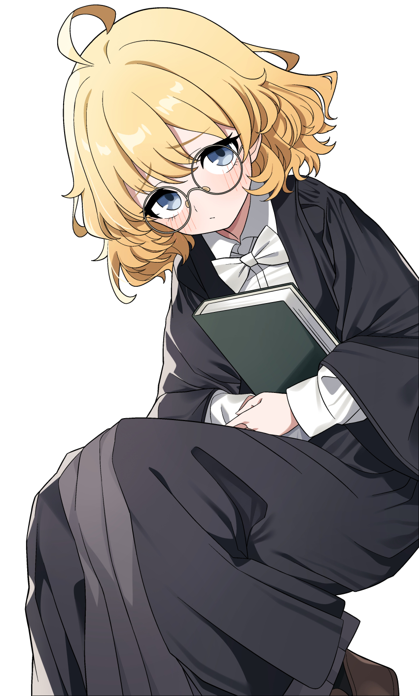 1girl absurdres ahoge black_jacket black_skirt blonde_hair blue_eyes blush book bow bowtie closed_mouth collared_shirt commentary_request commission hair_between_eyes highres hiroikara_(smhong04) holding holding_book hugging_book hugging_object jacket light_frown long_sleeves looking_at_viewer original pixiv_commission round_eyewear shirt short_hair skirt solo white_bow white_bowtie white_shirt