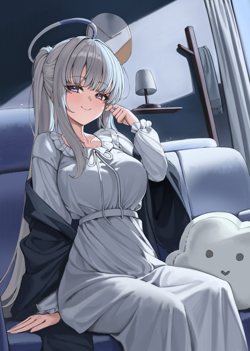 1girl absurdres akamin435 black_shawl blue_archive blush breasts clock couch dress feet_out_of_frame grey_hair halo highres indoors lantern large_breasts long_hair long_sleeves looking_at_viewer nightgown noa_(blue_archive) noa_(pajamas)_(blue_archive) official_alternate_costume on_couch ponytail purple_eyes shawl sitting smile solo very_long_hair wall_clock white_dress white_nightgown