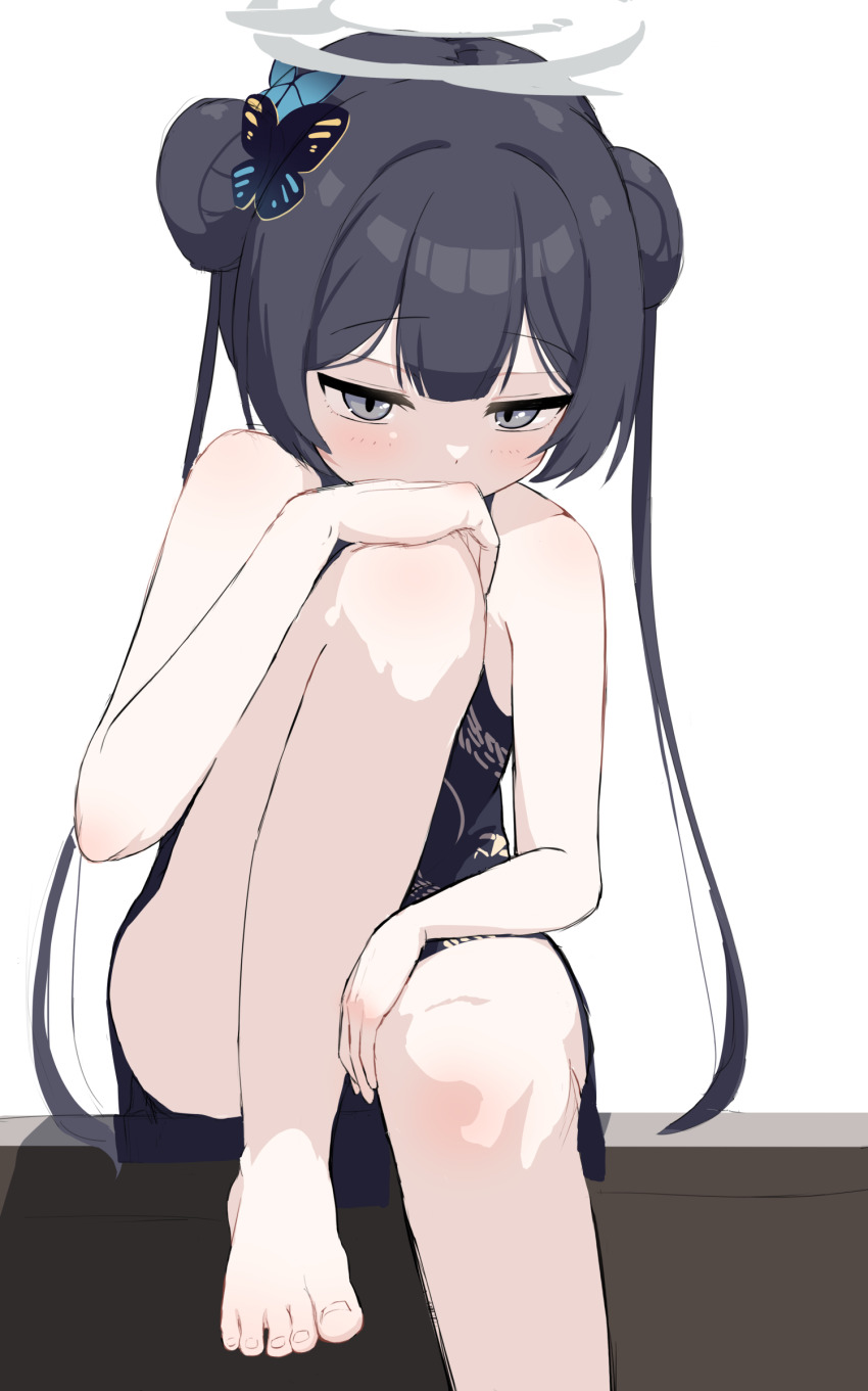 1girl absurdres bare_legs barefoot black_dress black_hair blue_archive blunt_bangs blush butterfly_hair_ornament china_dress chinese_clothes commentary desk double_bun dress feet foot_out_of_frame grey_eyes grey_halo hair_bun hair_ornament halo hand_on_own_knee highres kisaki_(blue_archive) knee_up legs long_hair looking_at_viewer on_desk print_dress sanpaku short_dress simple_background sitting sketch sleeveless sleeveless_dress solo tausukee toenails toes tsurime twintails white_background