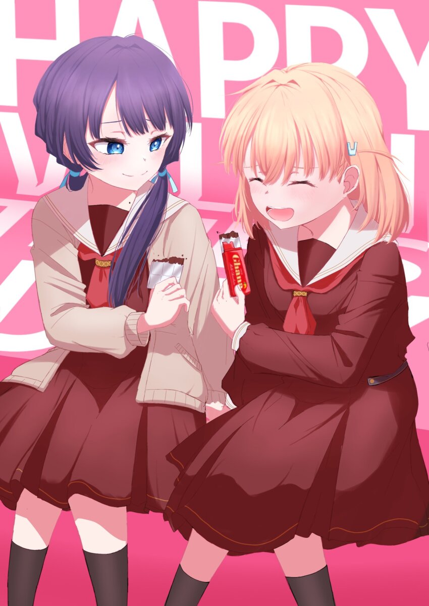 2girls ^_^ blue_eyes blue_ribbon brown_cardigan brown_dress cardigan chocolate closed_eyes closed_mouth commentary crossed_bangs dress eating feet_out_of_frame food hair_ornament hair_ribbon happy_valentine hasu_no_sora_school_uniform highres hinoshita_kaho holding holding_chocolate holding_food kneehighs link!_like!_love_live! long_hair long_sleeves looking_at_another love_live! low_twintails medium_dress medium_hair mole mole_on_neck multiple_girls murano_sayaka neckerchief open_cardigan open_clothes open_mouth orange_hair othiwo pink_background pleated_dress purple_hair rabbit_hair_ornament red_neckerchief ribbon sailor_collar sailor_dress school_uniform sitting smile socks split_mouth teeth text_background twintails two_side_up upper_teeth_only valentine virtual_youtuber white_sailor_collar winter_uniform