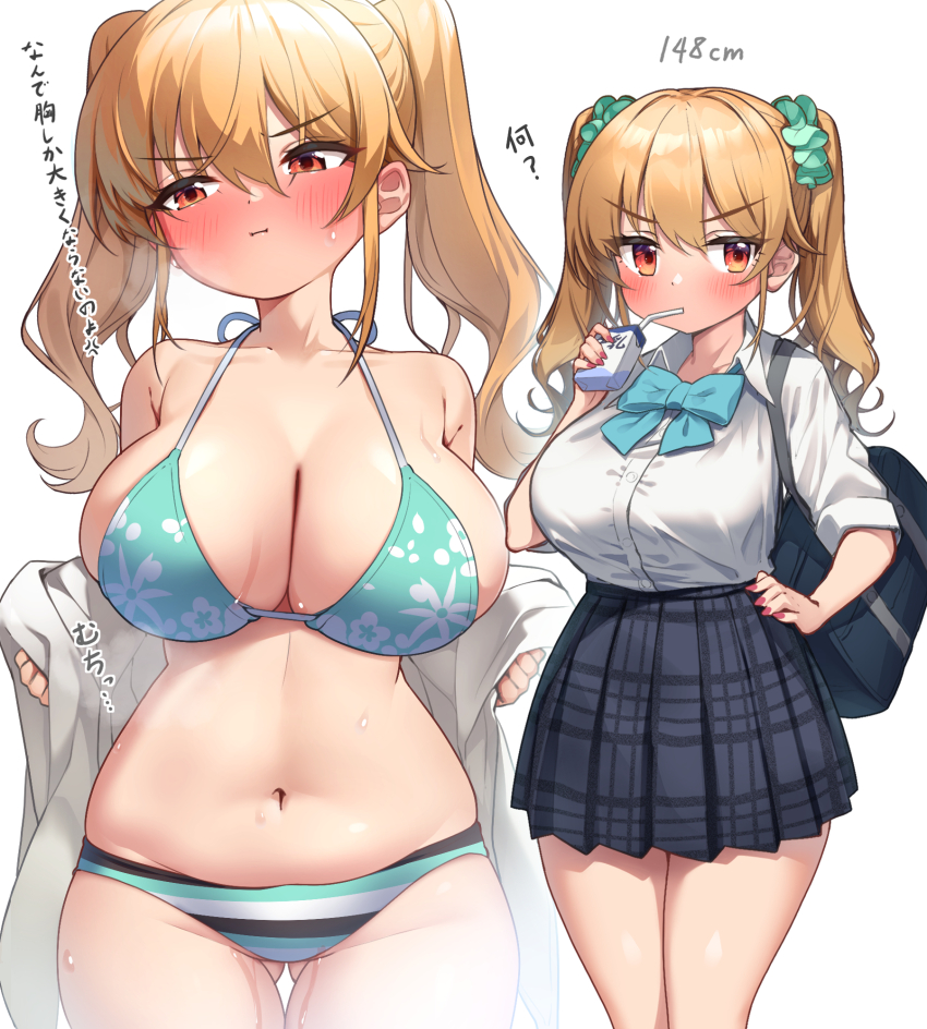 1girl bag bikini bikini_day blonde_hair blush breasts drinking embarrassed green_scrunchie highres kuromasu large_breasts long_hair navel nishikawa_erina_(kuromasu) original pout red_eyes school_bag school_uniform scrunchie skirt solo swimsuit twintails undressing