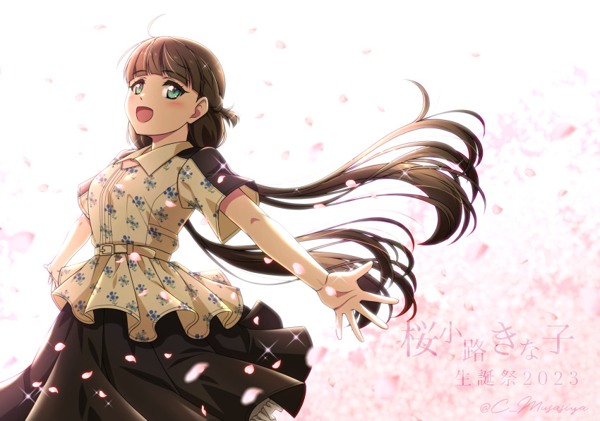 1girl birthday blunt_bangs blush braid breasts brown_hair cherry_blossoms green_eyes half_up_braid highres long_hair love_live! love_live!_superstar!! low_twintails medium_breasts musashiya_chougenbou petals sakurakoji_kinako smile solo sparkle twintails twitter_username