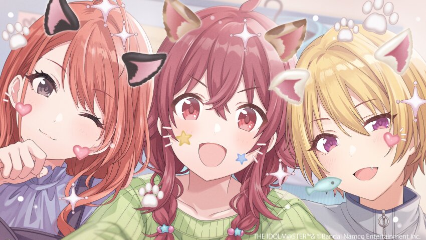 3girls absurdres ahoge animal_ears arisugawa_natsuha artist_request black_eyes blonde_hair blush cat_ears closed_mouth collarbone commentary_request company_name copyright_name copyright_notice crossed_bangs face_filter fang fish green_sweater hair_between_eyes hair_flaps hand_up heart highres idolmaster idolmaster_shiny_colors komiya_kaho long_hair looking_at_viewer multiple_girls official_art one_eye_closed open_mouth orange_hair paw_print purple_eyes red_eyes red_hair saijo_juri selfie short_hair smile star_(symbol) sweater swept_bangs