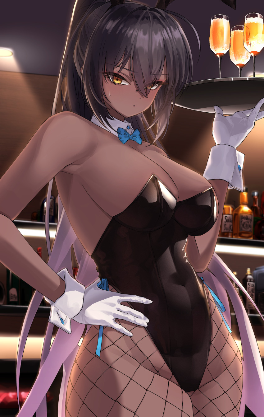 1girl absurdres black_hair blue_archive blush bottle bow bowtie breasts champagne_flute cleavage cup dark-skinned_female dark_skin detached_collar drinking_glass eyeliner fishnet_pantyhose fishnets gloves hair_between_eyes hand_on_own_hip highres karin_(blue_archive) karin_(bunny)_(blue_archive) large_breasts leotard long_hair looking_at_viewer makeup mikelee0614 multicolored_hair pantyhose playboy_bunny ponytail purple_hair solo sweatdrop tray two-tone_hair variant_set white_gloves wrist_cuffs yellow_eyes