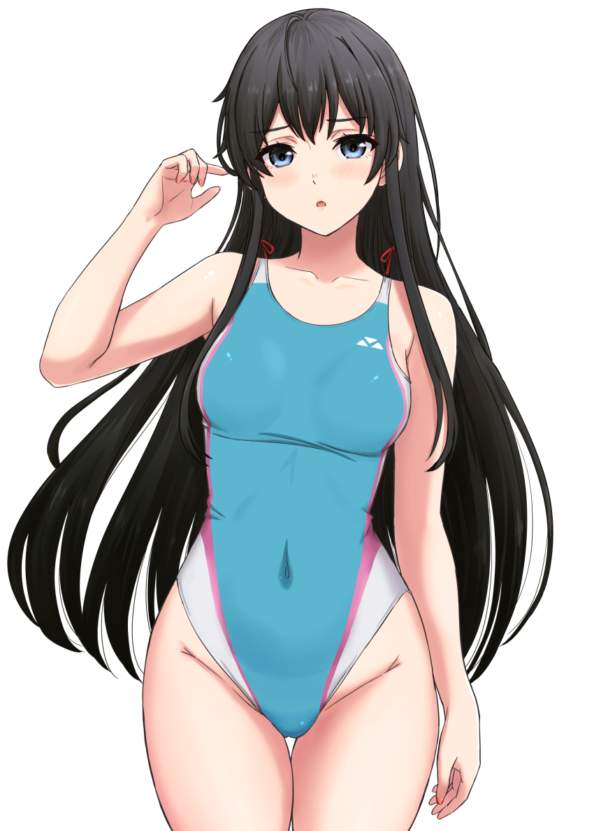 1girl :o absurdres black_hair blue_eyes blue_one-piece_swimsuit breasts collarbone commentary_request competition_swimsuit covered_navel cowboy_shot groin hand_up highleg highleg_one-piece_swimsuit highres inanaki_shiki long_hair looking_at_viewer one-piece_swimsuit parted_lips red_ribbon ribbon simple_background small_breasts solo standing swimsuit thigh_gap thighs very_long_hair white_background yahari_ore_no_seishun_lovecome_wa_machigatteiru. yukinoshita_yukino