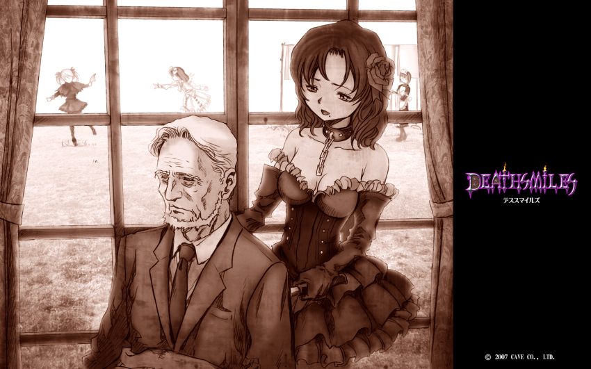 beard cave_(developer) chain collar deathsmiles facial_hair flower frills highres monochrome necktie window