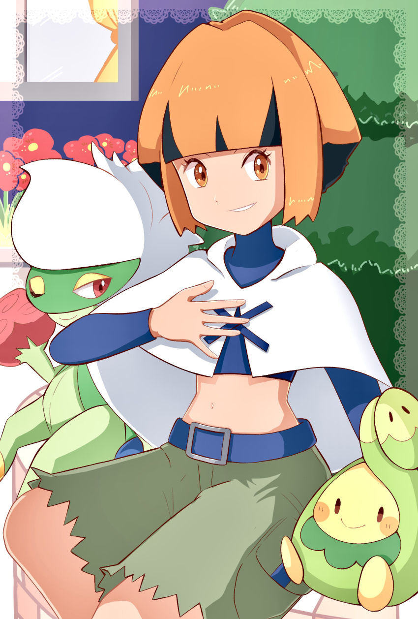 1girl alternate_color budew capelet creatures_(company) flower game_freak gardenia_(pokemon) gen_4_pokemon guttari_poyo hand_on_own_chest highres midriff navel nintendo one_eye_closed orange_eyes orange_hair pokemon pokemon_(creature) pokemon_masters_ex red_eyes red_flower roserade white_capelet