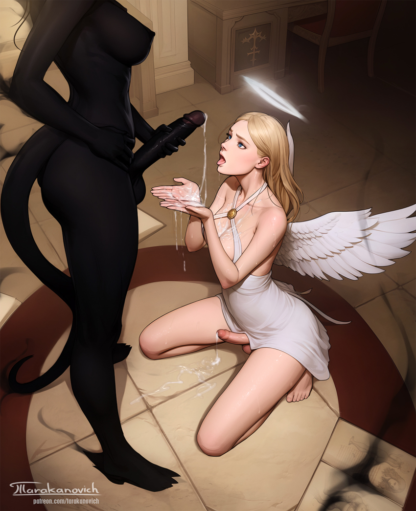2futa angel angel_and_devil angel_wings artist_name bare_arms bare_shoulders black_skin blonde_hair blue_eyes breasts chair clothed_female_nude_female colored_skin completely_nude cum cum_on_floor cum_on_hands cum_string cumdrip cupping_hands demon_girl dress erection futa_with_futa futanari futanari_masturbation halo hand_on_own_hip head_out_of_frame highres indoors large_breasts large_penis long_hair looking_at_another looking_at_penis looking_up masturbation medium_breasts multiple_futa nude open_mouth original own_hands_together penis penis_size_difference sitting tail tarakanovich testicles tile_floor tiles tongue tongue_out uncensored white_dress wings
