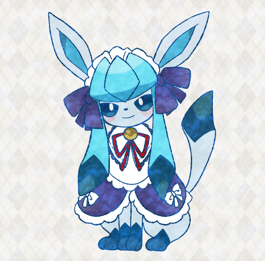 absurdres blue_eyes blue_hair blush closed_mouth creatures_(company) game_freak gen_4_pokemon glaceon glaceon_(tea_party) hair_ornament highres nintendo pokemon pokemon_(creature) pokemon_unite sidelocks sitting smile watamonya