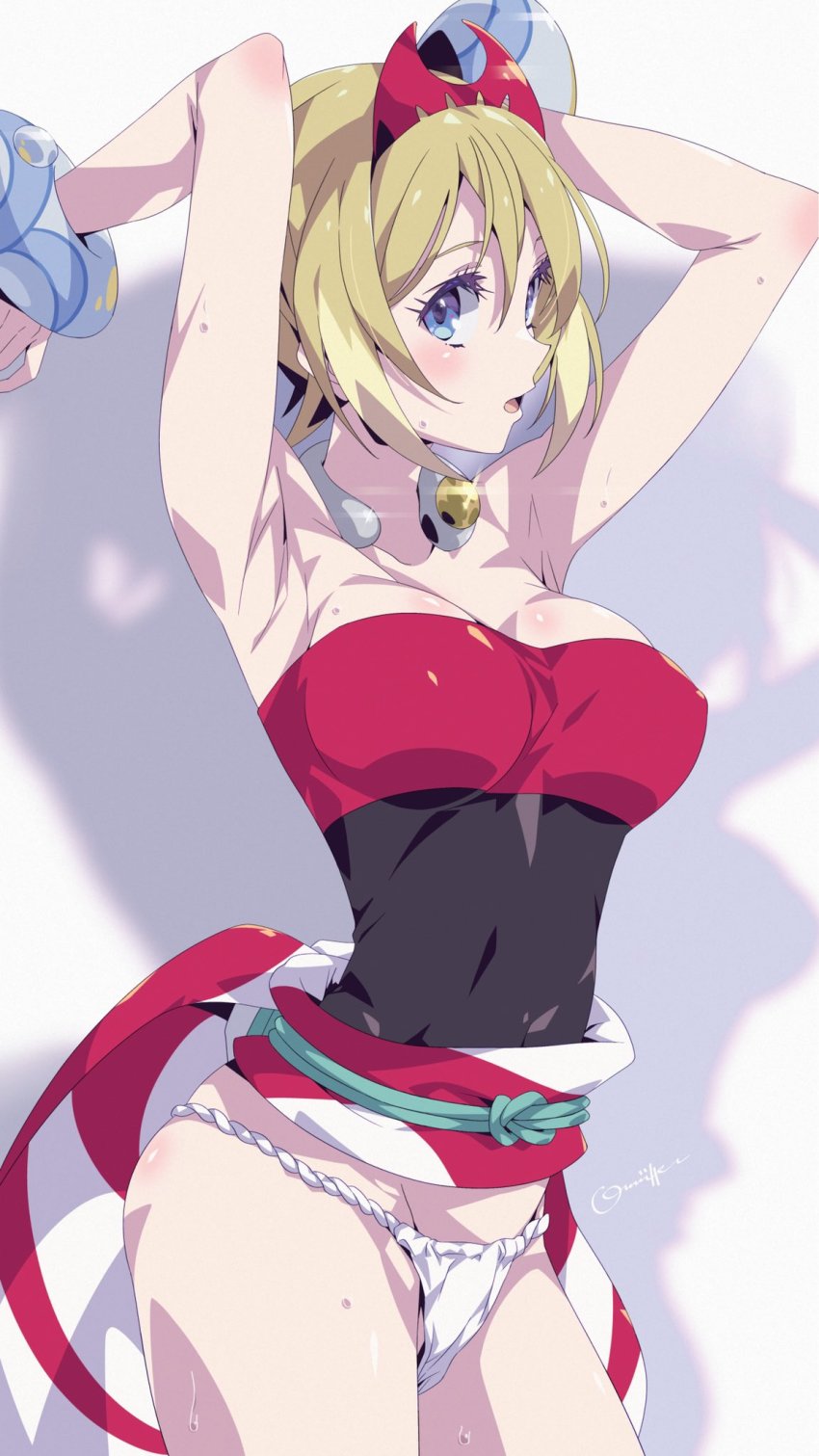 1girl armpits bare_shoulders blonde_hair blue_eyes blush bracelet breasts creatures_(company) fundoshi game_freak hairband highres irida_(pokemon) japanese_clothes jewelry large_breasts looking_at_viewer neck_ring nintendo no_pants oomura_karasu open_mouth pokemon pokemon_legends:_arceus red_hairband red_headwear red_shirt shirt short_hair solo standing strapless strapless_shirt sweat