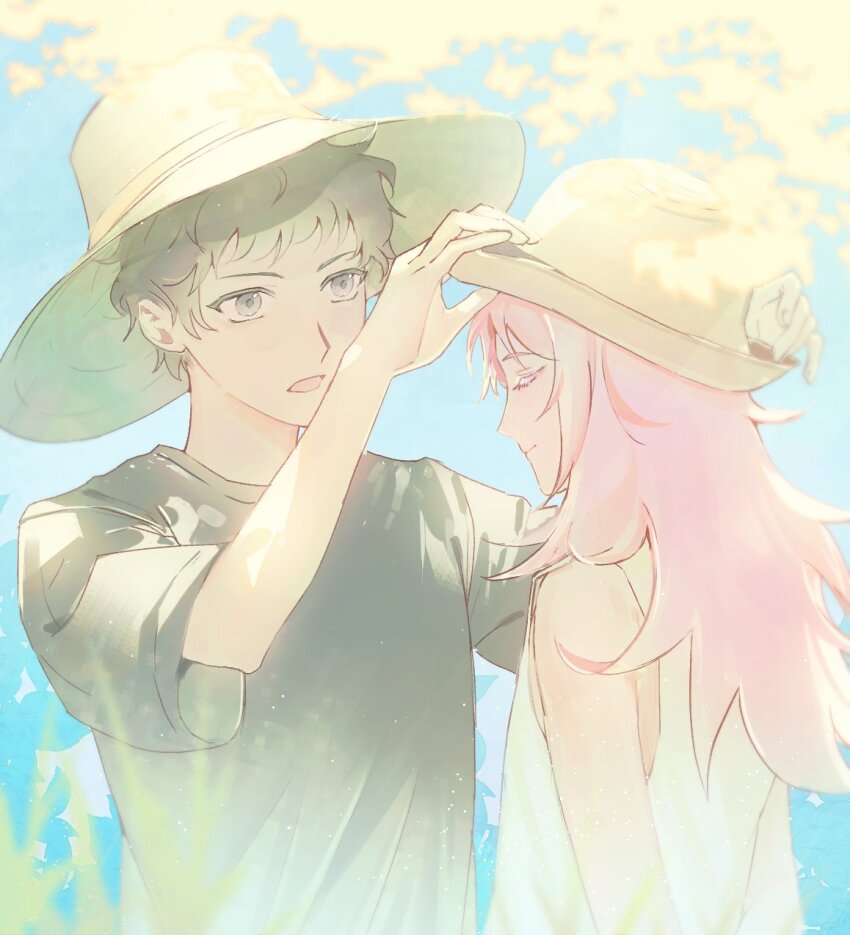 2boys black_hair black_shirt blue_sky closed_eyes closed_mouth colored_eyelashes commentary_request day grey_eyes hat hatsutori_hajime highres korean_commentary light_particles long_hair male_focus multiple_boys open_mouth outdoors pink_hair putting_on_headwear saibou_shinkyoku shirt sky smile t-shirt tank_top temu_(temp_mumu) upper_body utsugi_noriyuki white_tank_top yellow_hat