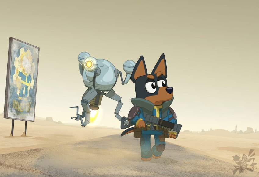 1boy 1other absurdres artist_logo bluey captainabruzze desert dirt fallout_(series) furry gears german_shepherd highres logo mister_handy_(fallout) original pip_boy sign weapon