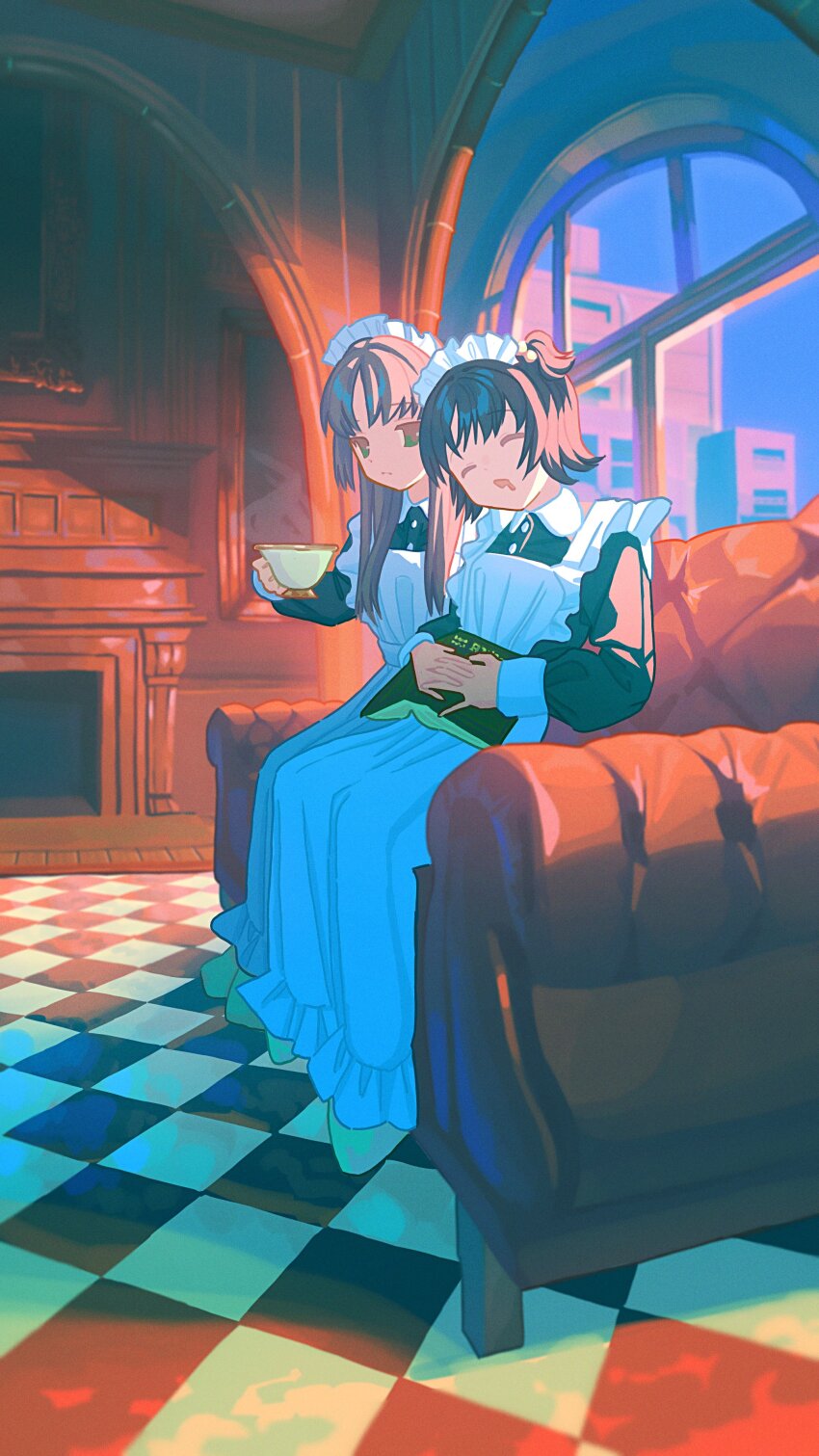 2girls absurdres apron black_dress book book_on_lap brown_hair checkered_floor closed_eyes couch cup dress drooling fireplace hair_bobbles hair_ornament hashtag-only_commentary highres holding holding_cup indoors kagenoyuhi long_hair looking_at_viewer maid maid_apron maid_headdress mouth_drool multiple_girls on_couch open_book original short_hair sitting sleeping teacup white_apron window