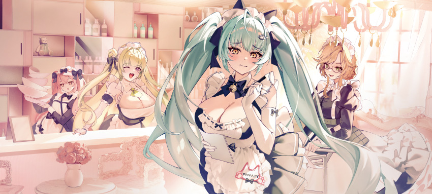 4girls absurdres ade_(nikke) apron aqua_hair black_bow black_bowtie black_dress black_ribbon blonde_hair blush bottle bow bowtie breasts chandelier cleavage closed_mouth cocoa_(nikke) commentary dress glasses gloves goddess_of_victory:_nikke green_hair hair_ribbon highres holding holding_plate indoors large_breasts long_hair maid maid_apron maid_headdress multiple_girls official_alternate_costume parted_lips pink_hair plant plate potted_plant privaty_(nikke) privaty_(unkind_maid)_(nikke) ribbon small_breasts soda_(nikke) twintails uyuri_(89976220) white_apron white_gloves wings yellow_eyes