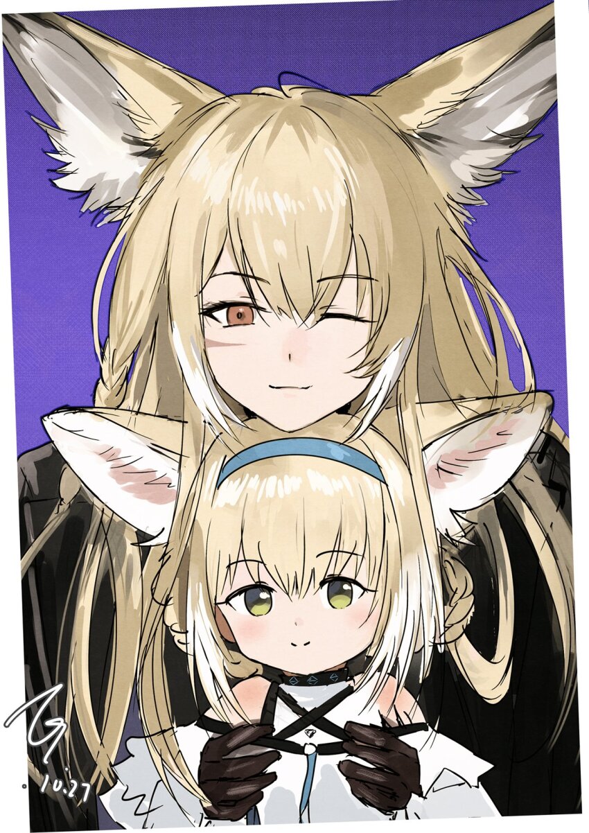 2girls ;) aged_down animal_ears arknights bare_shoulders black_gloves black_jacket blonde_hair blue_hairband border brown_eyes carrying carrying_person chin_rest closed_mouth facial_scar gloves green_eyes hair_between_eyes hairband hashtag-only_commentary head_on_head head_rest heads_together highres jacket long_hair looking_at_viewer material_growth mother_and_daughter multicolored_hair multiple_girls one_eye_closed oripathy_lesion_(arknights) orlijiang purple_background scar scar_on_cheek scar_on_face shirt short_hair smile split_mouth streaked_hair suzuran_(arknights) upper_body vulpisfoglia_(arknights) white_border white_hair white_shirt