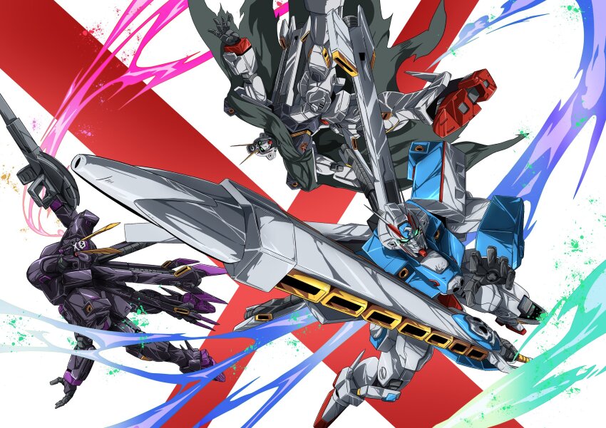 blue_eyes cape cloak crossbone_gundam crossbone_gundam_x-1 crossbone_gundam_x-2 crossbone_gundam_x-3 glowing glowing_eyes green_eyes gun gundam highres holding holding_sword holding_weapon looking_at_viewer mecha mobile_suit no_humans open_hand red_eyes robot science_fiction skull_and_crossbones sword tyuuboutyauyo v-fin weapon