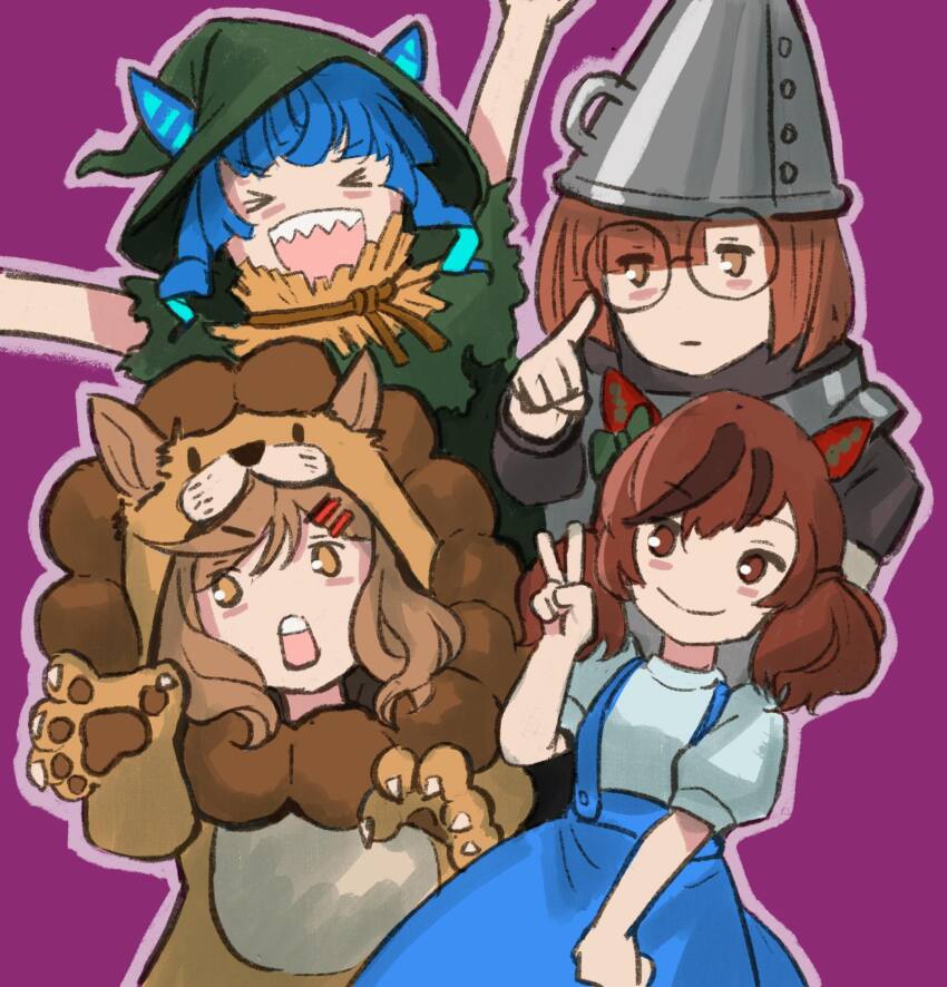 &gt;_&lt; 4girls animal_costume animal_ears aqua_hair armor arms_up blue_dress blue_hair blush_stickers brown_eyes brown_hair claws closed_mouth commentary conical_hat cosplay cowardly_lion cowardly_lion_(cosplay) dorothy_gale dorothy_gale_(cosplay) dress ear_covers ears_through_headwear glasses green_hat green_shirt hair_ornament hairclip hand_up hat highres horse_ears horse_girl ikuno_dictus_(umamusume) index_finger_raised light_brown_hair lion_costume matikane_tannhauser_(umamusume) multicolored_hair multiple_girls nice_nature_(umamusume) open_mouth outline puffy_short_sleeves puffy_sleeves purple_background purple_outline round_eyewear scarecrow_(twooz) scarecrow_(twooz)_(cosplay) sharp_teeth shirt short_sleeves sidelocks sinnra_art smile streaked_hair teeth the_wizard_of_oz tin_man_(cosplay) tin_man_(the_wizard_of_oz) twin_turbo_(umamusume) twintails two-tone_hair umamusume upper_teeth_only v white_shirt yellow_eyes