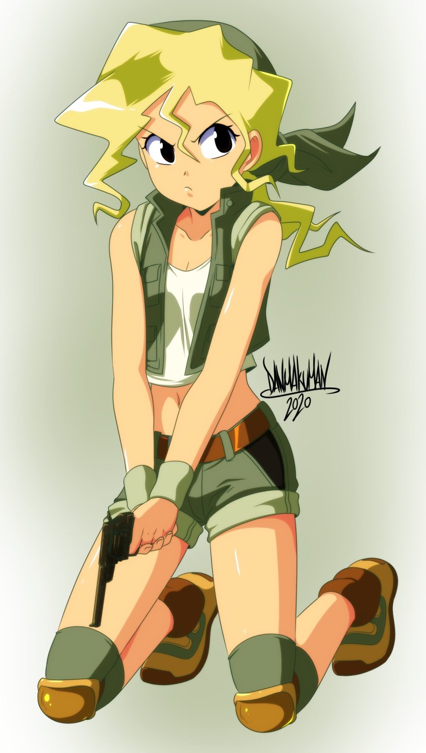 1girl belt blonde_hair breasts crop_top danmakuman gun headband highres jacket kasamoto_eri metal_slug shoes shorts sleeveless small_breasts snk weapon