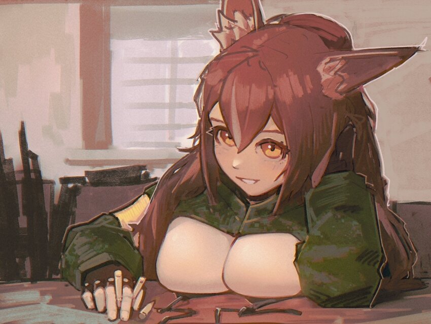 1girl absurdres akm animal_ears assault_rifle bikini breast_rest breasts breasts_on_table brown_hair bullet callisto_(greyeth) camouflage camouflage_jacket commission cropped_jacket fingerless_gloves gloves gun hand_in_own_hair highres holding holding_bullet indoors jacket kalashnikov_rifle large_breasts looking_at_viewer notfuji original ponytail rifle smile solo swimsuit table untied_bikini weapon window wolf_ears wooden_table yellow_eyes