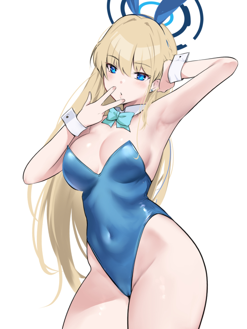 1girl akire_(akireru_shoujo) aqua_bow aqua_bowtie arm_up armpits blonde_hair blue_archive blue_eyes blue_leotard bow bowtie breasts cameltoe cleavage cowboy_shot detached_collar earrings halo highleg highleg_leotard highres jewelry large_breasts leotard long_hair looking_at_viewer playboy_bunny simple_background solo strapless strapless_leotard toki_(blue_archive) toki_(bunny)_(blue_archive) v_over_mouth very_long_hair white_background wrist_cuffs