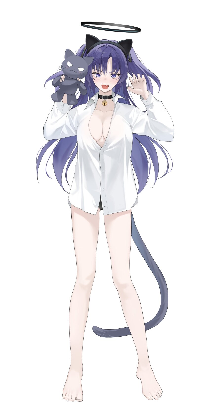 1girl absurdres alternate_costume animal_ears black_halo blue_archive cat_ears cat_tail full_body halo highres hwa_n01 mechanical_halo naked_shirt purple_eyes purple_hair shirt simple_background solo stuffed_animal stuffed_toy tail white_background white_shirt yuuka_(blue_archive)