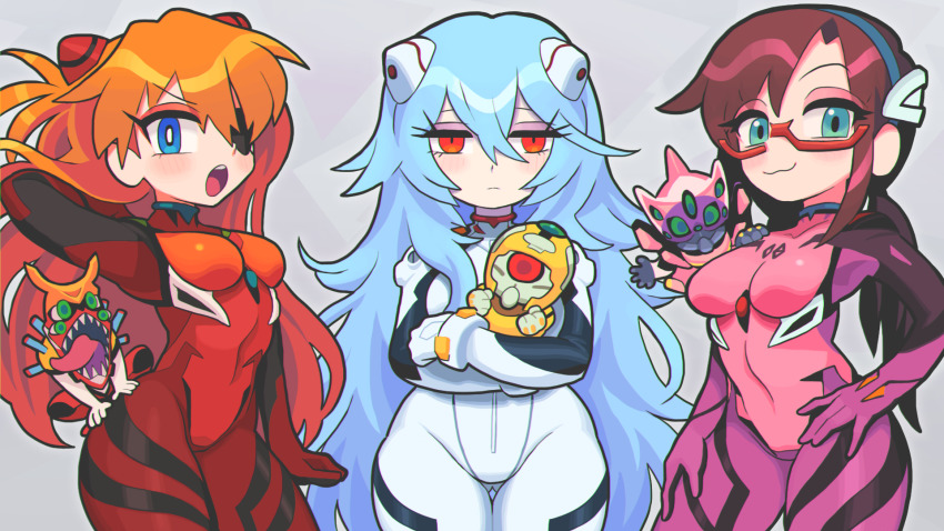 3girls :3 adjusting_hair ayanami_rei blue_eyes blue_hair bodysuit chibi covered_navel eva_00 eva_02 eva_08 evangelion:_3.0+1.0_thrice_upon_a_time eyepatch gashi-gashi glasses green_eyes hair_ornament headgear highres long_hair looking_at_viewer makinami_mari_illustrious mecha_pilot_suit multiple_girls neon_genesis_evangelion plugsuit rebuild_of_evangelion red_eyes souryuu_asuka_langley spoilers twintails very_long_hair