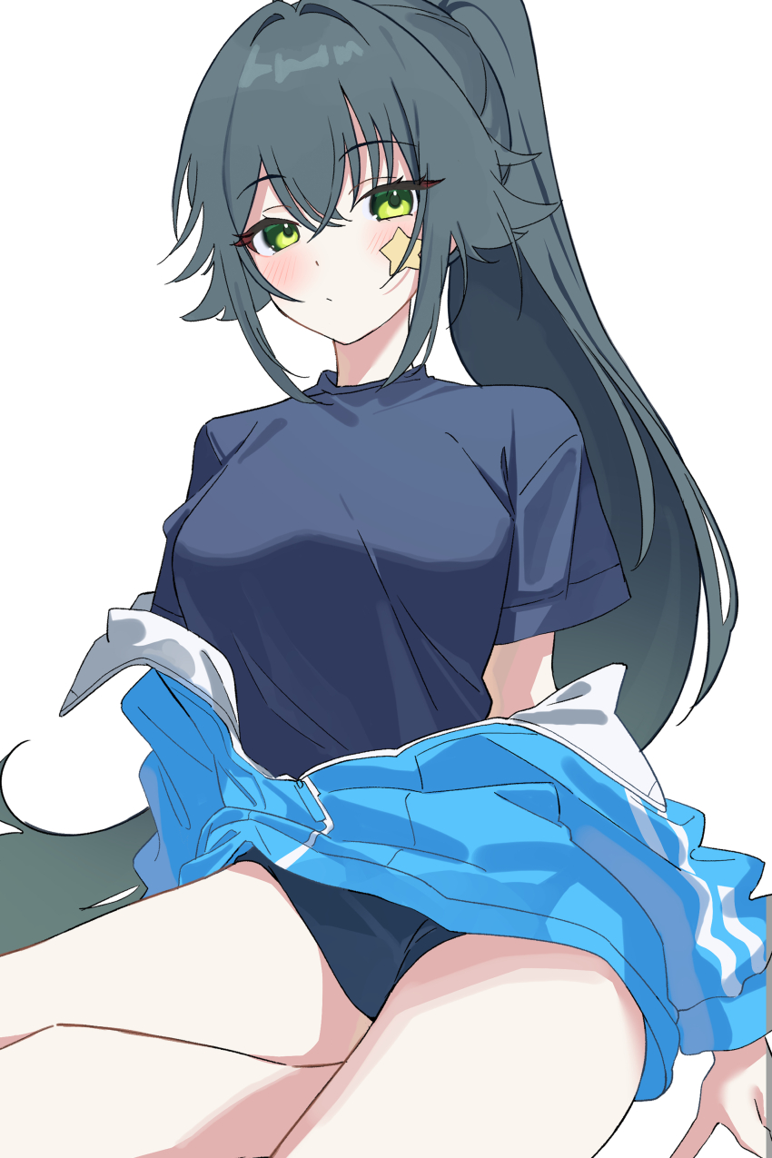 1girl absurdres alternate_costume bare_legs blue_archive blue_jacket blue_shirt blush breasts commentary commission comorebi cosplay gakuen_idolmaster green_eyes green_hair hair_flaps highres idolmaster jacket jacket_partially_removed large_breasts long_hair looking_at_viewer pixiv_commission ponytail shirt simple_background sitting solo star_sticker sticker_on_face t-shirt tsukimura_temari very_long_hair white_background yuuka_(blue_archive) yuuka_(blue_archive)_(cosplay) yuuka_(track)_(blue_archive)