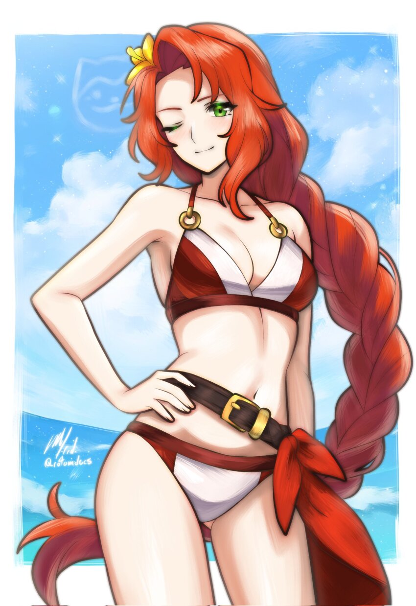 1girl alternate_costume artist_name belt bikini braid breasts cleavage fire_emblem fire_emblem:_path_of_radiance fire_emblem:_radiant_dawn green_eyes hand_on_own_hip highres long_hair looking_at_viewer nintendo one_eye_closed red_hair rotomdocs smile solo swimsuit titania_(fire_emblem) two-tone_swimsuit very_long_hair