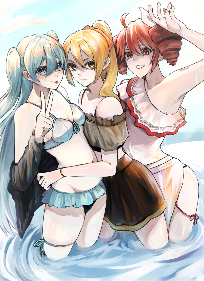 3girls ahoge akita_neru annoyed arm_tattoo arm_up bikini bikini_skirt black_jacket black_skirt blonde_hair blue_bikini blue_eyes blue_hair blue_sky breasts cloud cowboy_shot double-parted_bangs drill_hair fingernails frilled_bikini frills grey_bikini grin hair_between_eyes hatsune_miku highres jacket jacket_partially_removed kasane_teto kasane_teto_(sv) lips long_hair microskirt miniskirt multiple_girls nail_polish number_tattoo ocean open_clothes open_jacket outdoors parted_bangs ponytail red_eyes red_hair red_nails red_tattoo sarong skirt sky small_breasts smile standing swimsuit synthesizer_v tattoo thigh_strap thighs tongue tongue_out triple_baka_(vocaloid) twin_drills twintails utau v vocaloid wading water white_bikini white_sarong wristband yasiro_hayate yellow_eyes