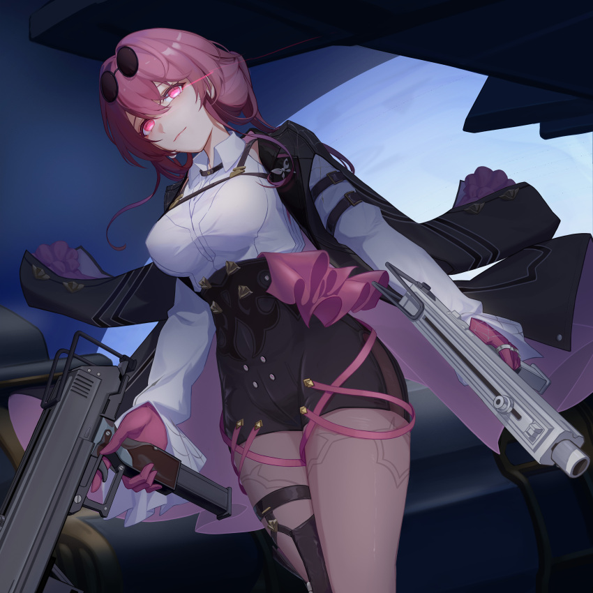 1girl absurdres bear_minstrel black_jacket black_shorts boots breasts chinese_commentary collared_shirt commentary_request cowboy_shot dual_wielding earrings eye_trail eyewear_on_head glasses gloves glowing glowing_eyes gun high-waist_shorts highres holding holding_gun holding_weapon honkai:_star_rail honkai_(series) jacket jewelry kafka_(honkai:_star_rail) large_breasts light_trail mac-10/11 open_clothes open_jacket pantyhose pantyhose_under_shorts pince-nez purple_eyes purple_gloves purple_hair purple_pantyhose round_eyewear shirt shorts single_thigh_boot smile solo spider_web_print standing submachine_gun sunglasses thigh_boots weapon white_shirt