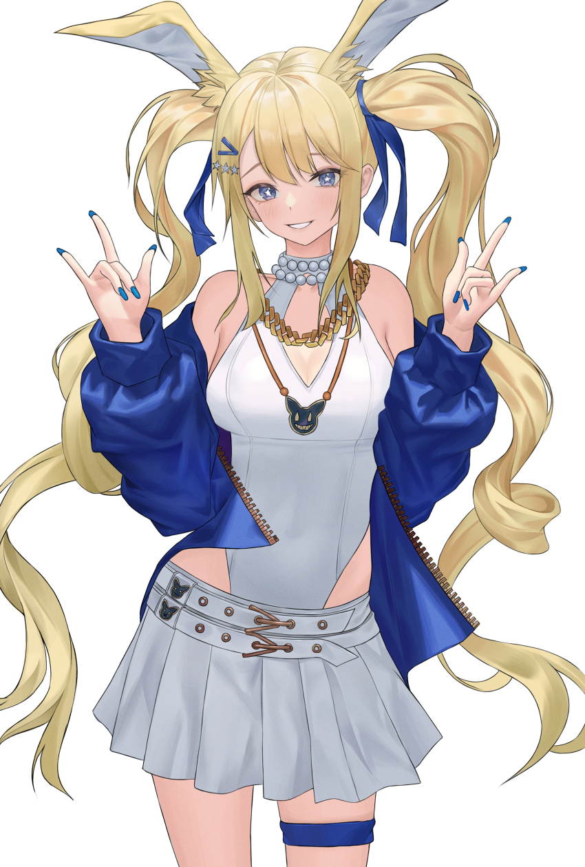 1girl \m/ absurdres alternate_costume azur_lane bare_shoulders belt blonde_hair blue_jacket blue_nails cowboy_shot double_\m/ guam_(azur_lane) highres ieris jacket leotard long_hair looking_at_viewer miniskirt multiple_belts nail_polish pleated_skirt simple_background skirt smile solo star-shaped_pupils star_(symbol) symbol-shaped_pupils thigh_strap unzipped very_long_hair white_background white_belt white_leotard white_skirt