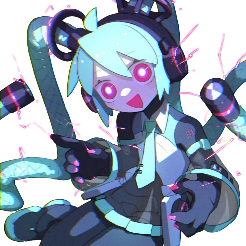 1girl absurdly_long_hair ahoge aqua_hair aqua_necktie bare_shoulders bright_pupils cable cable_hair cheri_zao commentary cropped_legs detached_collar detached_sleeves electricity electrokinesis eye_trail hair_between_eyes hair_ornament hatsune_miku head_tilt headgear headphones headset highres joints light_trail long_hair looking_at_viewer mecha_musume mechabare mechanization necktie number_tattoo open_mouth pink_eyes pink_nails pointing ringed_eyes robot_girl robot_joints see-through_clothes see-through_skirt see-through_sleeves shaded_face simple_background sitting skirt smile solo tattoo twintails very_long_hair vocaloid white_background white_pupils yokozuwari