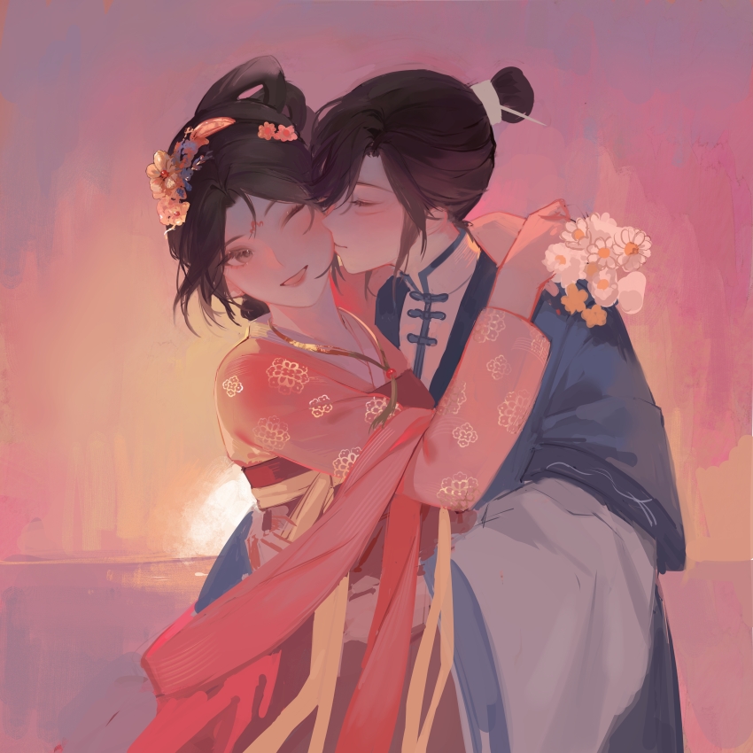 2girls absurdres apricot268 arms_around_neck black_hair blue_hanfu bouquet chinese_clothes chinese_commentary closed_eyes commentary_request daisy flower flower_hairpin hair_bun hair_rings hanfu highres holding holding_bouquet huadian jing_wei_qing_shang kiss kissing_cheek long_sleeves multiple_girls nangong_jingnu one_eye_closed open_mouth qixiong_ruqun qiyan_agula red_hanfu scar scar_on_face smile sunset white_flower wide_sleeves xiao_guan_(headdress) yuri