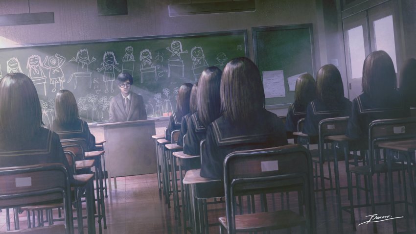 1boy 6+girls black-framed_eyewear black_hair chalkboard classroom clone desk disembodied_torso formal_clothes fracoco glasses highres horror_(theme) indoors medium_hair multiple_girls original school_desk school_uniform serafuku signature suit teacher