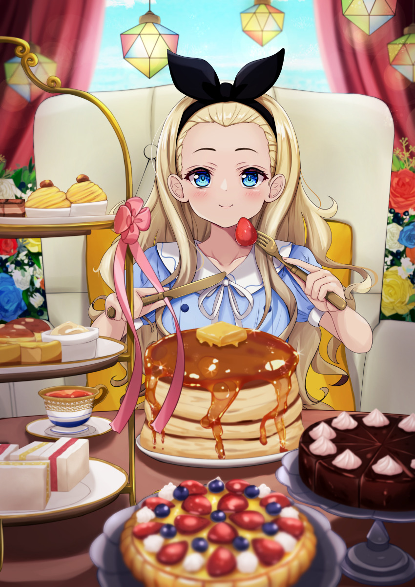 1girl absurdres blonde_hair blue_eyes blush bow_hairband cake cake_stand chair cup dessert flower food forehead fork fruit_tart hairband hanging_light highres holding holding_fork holding_knife knife kurumi_(lycoris_recoil) long_hair looking_at_viewer lycoris_recoil neck_ribbon pancake pancake_stack phantoprism plate ribbon rose sandwich saucer short_sleeves smile solo table tart_(food) tea tea_party teacup tiered_tray