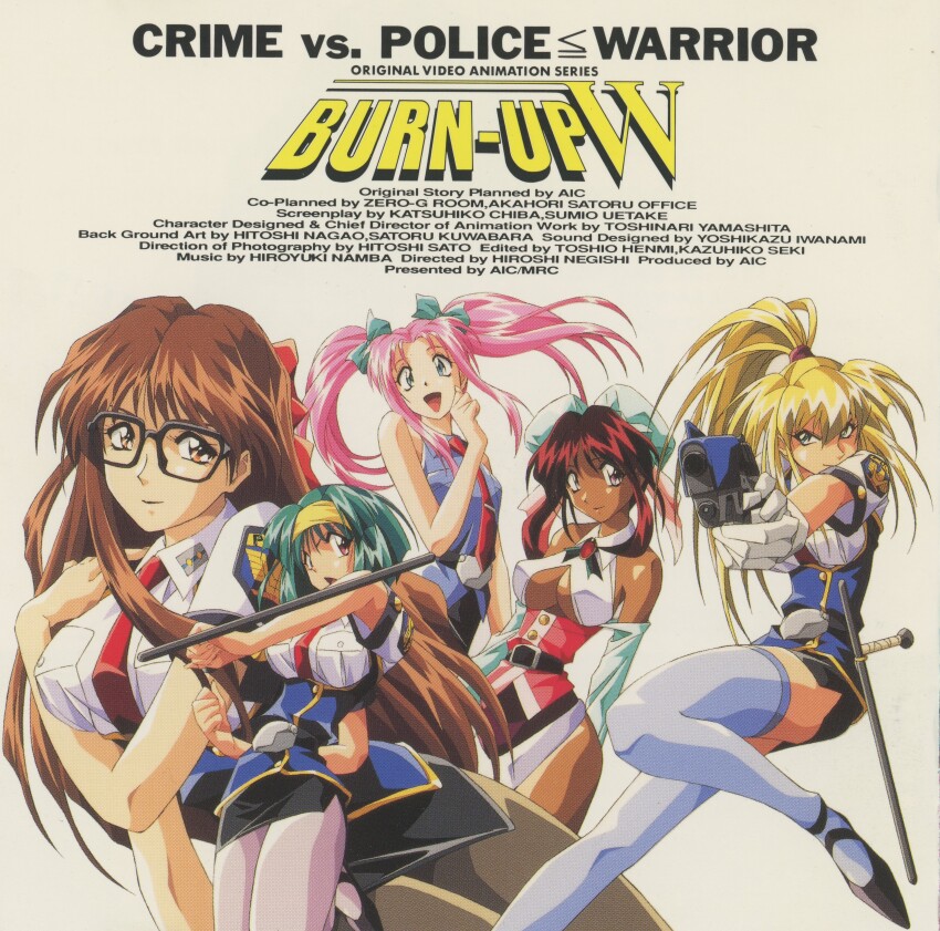 5girls absurdres blonde_hair blue_eyes breasts brown_eyes brown_hair burn-up burn-up_w dark_skin double_bun glasses green_eyes green_hair gun hair_bun headband highres jinguu_maya kinezono_rio lilica_evett medium_breasts multiple_girls nanvel_candlestick pencil_skirt pink_eyes pink_hair police police_uniform policewoman ponytail red_eyes skirt small_breasts tonfa underboob weapon yamashita_toshinari