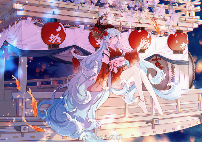 1girl absurdly_long_hair anklet bare_legs bare_shoulders barefoot blue_eyes blue_hair boat branch ccha cherry_blossoms detached_sleeves dress eyelashes feet fins fish fish_hat flower flying_fish full_body hair_between_eyes hair_flower hair_ornament head_fins japanese_clothes jewelry kimono kimono_dress kingyo_hime_(onmyoji) lantern light_particles long_hair long_sleeves looking_ahead night onmyoji open_mouth outdoors outstretched_hand paper_lantern petals pointy_ears red_flower red_kimono red_sleeves reikai_kingyo_hime short_dress sitting sleeveless sleeveless_kimono smile solo tassel very_long_hair watercraft weibo_watermark white_flower wide_sleeves