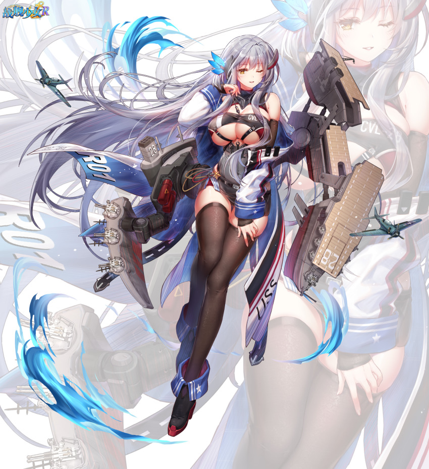 1girl aircraft airplane anti-aircraft anti-aircraft_gun black_skirt black_sleeves black_thighhighs breasts brown_eyes cabot_(warship_girls_r) detached_sleeves feather_hair_ornament feathers flight_deck grey_hair hair_ornament highres large_breasts long_hair machinery miniskirt official_art shenbei_xiaoqiu skirt smokestack thighhighs very_long_hair warship_girls_r zoom_layer