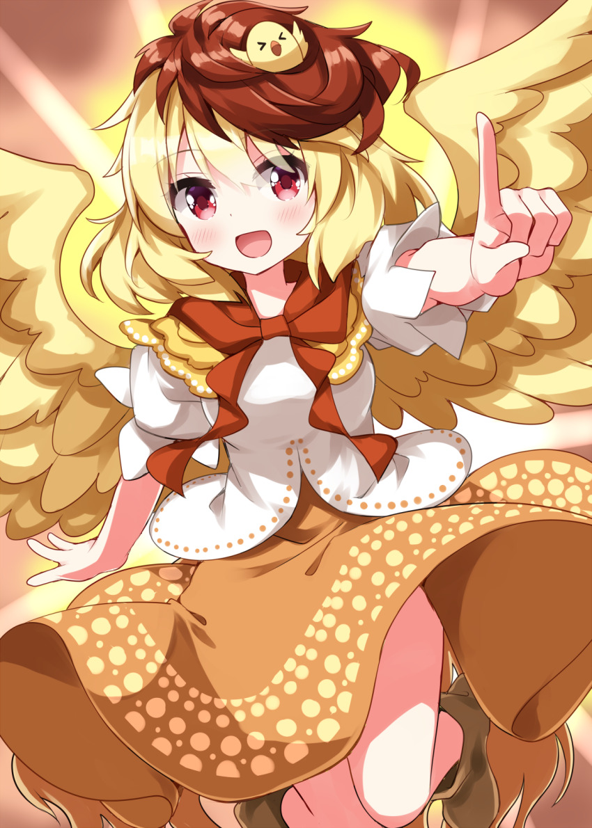 1girl :d animal animal_on_head bird bird_on_head blonde_hair blush brown_skirt chick eyes_visible_through_hair hair_between_eyes highres jumping looking_at_viewer medium_hair niwatari_kutaka on_head open_mouth outstretched_arm pointing pointing_at_viewer puffy_short_sleeves puffy_sleeves red_eyes ruu_(tksymkw) shirt short_sleeves skirt smile solo touhou white_shirt wings yellow_wings