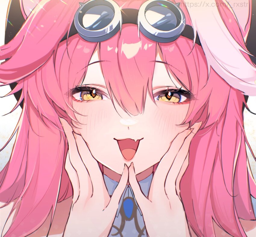 1girl andromeda_(rxstr) animal_ears beret black_hat blush cat_ears cat_girl commentary fang goggles goggles_on_head hat hololive hololive_english long_hair looking_at_viewer multicolored_hair open_mouth pink_hair raora_panthera raora_panthera_(1st_costume) skin_fang solo streaked_hair symbol-only_commentary virtual_youtuber white_background white_hair yellow_eyes